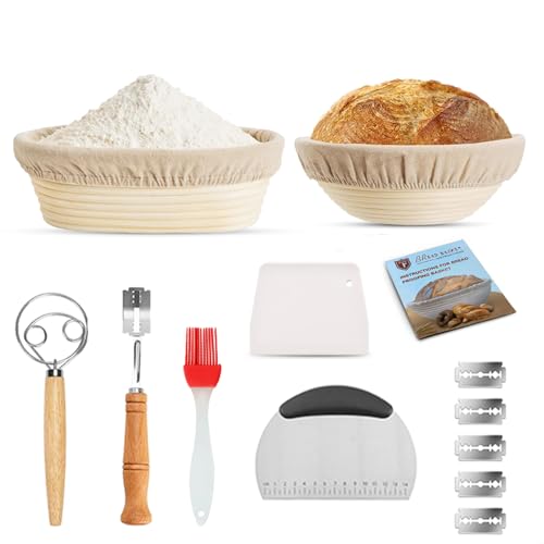 Sourdough Starter Kit of 9-Inch Round and 10-Inch Oval Banetton Proofing Baskets Complete Sourdough Bread Baking Supplies, Bread Lame + Dough Wisk + Stainless Steel Dough Scrapers + Cleaning Brush - style: Sourdough Kit