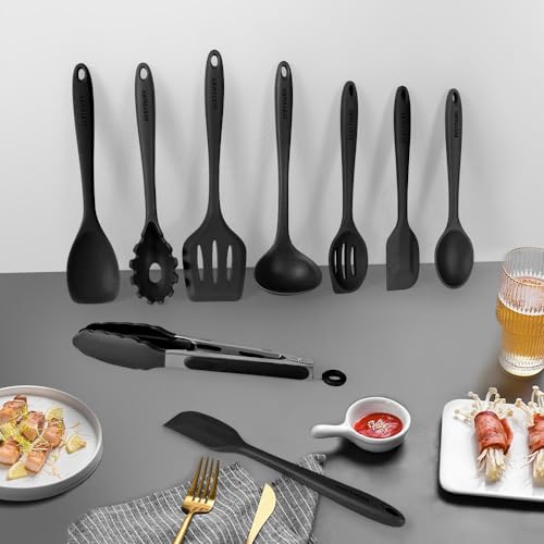 Kitchen Utensil Set - 11 Cooking Utensils - Colorful Silicone Kitchen Utensils - Nonstick Cookware with Spatula Set - Colored Best Kitchen Tools Kitchen Gadgets (Black) - color: Black