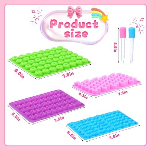 Candy Molds Silicone, with 2 Droppers, Non-Stick Silicone Candy Molds Including Mini Dinosaur, Bear Shape, Hearts and Mini Donut, Set of 4
