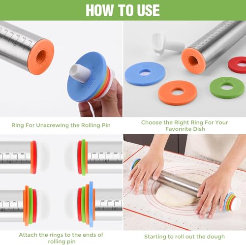 Rolling Pin and Pastry Baking Mat Set, 17-inch Rolling Pins with Adjustable Thickness Rings, Stainless Steel Dough Roller for Baking Fondant, Pizza, Pie, Pastry, Pasta, Cookies (Red) - color: Red