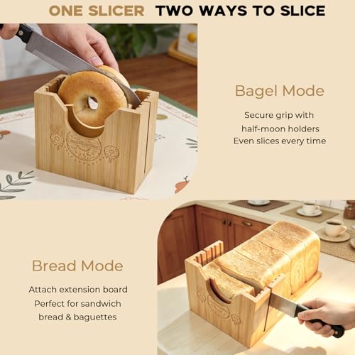 2-in-1 Bamboo Bagel & Bread Slicer Adjustable Thickness