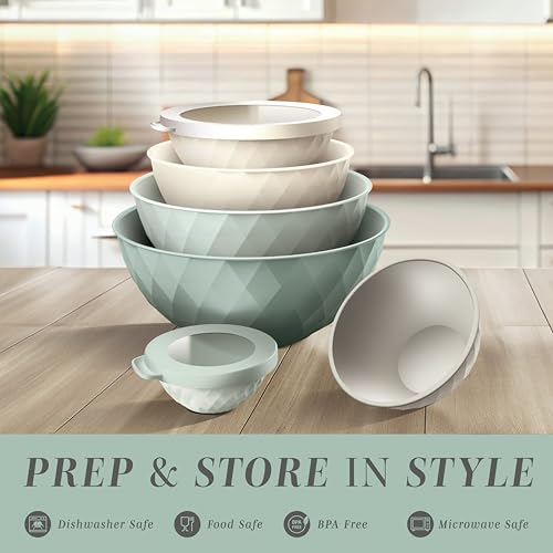 COOK WITH COLOR Mixing Bowls with Lids - 12 Piece Plastic Nesting Bowls Set includes 6 Prep Bowls and 6 Lids, Microwave Safe Mixing Bowl Set, Mint Diamond - color: Mint Diamond