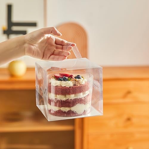 30pcs Transparent Bakery Boxes With Ribbon,Knives and Forks, Clear Cake Box, Plastic Cake Carrier with Lid and Handle Transparent Gift Favor Box Cupcake Treat Boxes for Party (Clear, 6*6*5 in-30pcs) - size: 6*6*5 in-30pcs