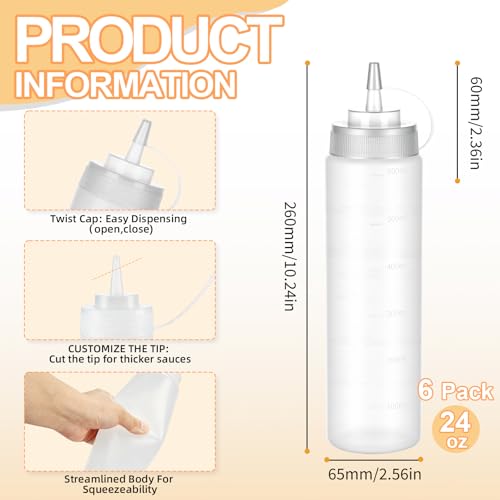 6 Pack 24 oz Condiment Squeeze Bottles, Wide Mouth & Leak Proof - size: 24 Ounces (Pack of 6)
