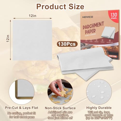 130-Pack Precut Parchment Paper Sheets | 12x12 Inch White Baking Paper | Heavy Duty Non-Stick Liners for Oven, Air Fryer, Grill & Steaming | Perfect for Baking, Cooking, Wrapping Food - color: White 12" x 12"