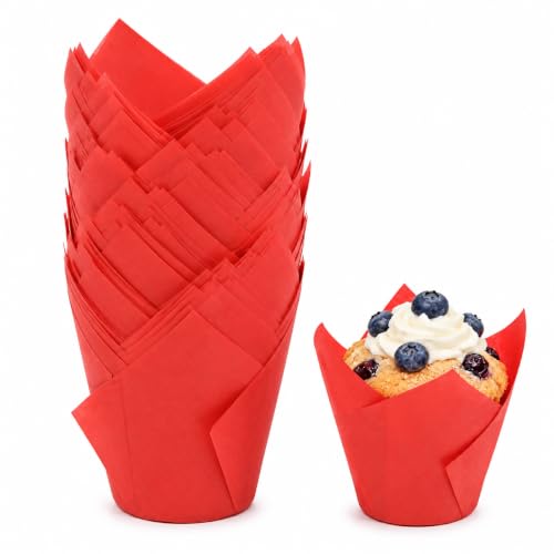 50 Pcs Red Tulip Cupcake Liners for Baking, Muffin Liners - color: Red