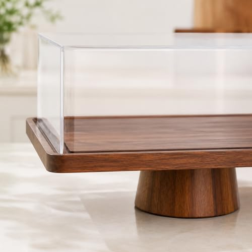 Acacia Wood Cake Stand with Acrylic Lid,2-in-1 Serving Tray,Dessert Display