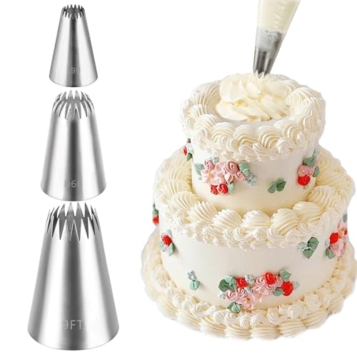 3Pcs Piping Tip,Stainless Steel Icing Piping Nozzle Tip Set French Star Pipings Tips Open Pastry Tips for Cake Decorating Flowers Shells & Scalloped Designs(3 Sizes)