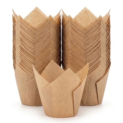 200Pcs Tulip Cupcake Liners Greaseproof Paper Baking Cups Muffin Wrappers for Birthday Wedding Baby Shower Party Catering Restaurants(Deep Khaki)