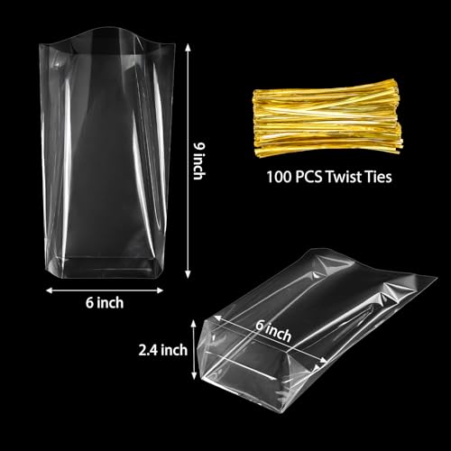 Ohuimrt Clear Cellophane Treat Bags, 6 x 9 x 2.4 Inch, 100 Pack - color: Clear - 6 x 9 x 2.4 inch