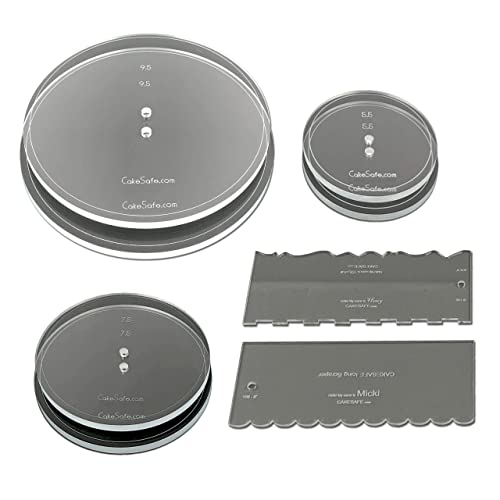 CAKESAFE Essential Cake Decorating Acrylic Disk Kit - 3 Sets - Round 5.5”, 7.5” and 9.5" Disk Sets (2 disks per size), 2-8" Icing Scrapers with 1 Scraper Edge and 3 Cake Comb Patterns - size: 2 - 5.5”, 7.5, & 9.5" Disks & Scraper/Combs