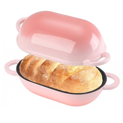 2.5 QT Enameled Cast Iron Sourdough Bread Oven, Loaf Pan with Lid - color: Pink, size: 2.5 QT