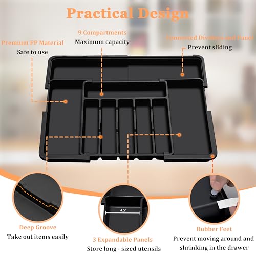 Spaclear Large Silverware Drawer Organizer Expandable Kitchen Utensil Tray - color: Black