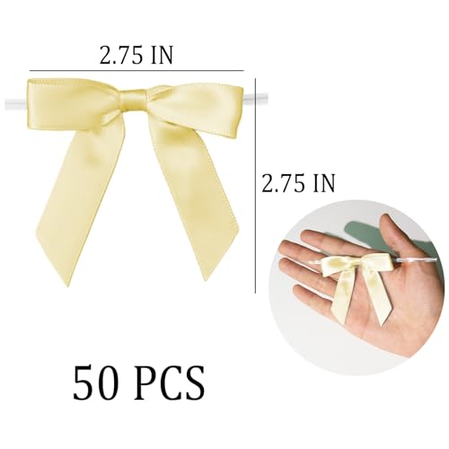 50 Pcs Satin Bows with Twist Ties, 2.5 Inch Gift Wrapping Bows, Yellow - color: Yellow