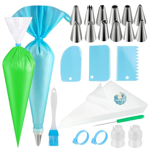 122Pcs Piping Bags and Tips Set, 100pcs 12 Inch Disposable Piping Bags, 16 Inch Reusable Icing Pastry Bags, Anti Burst Frosting Bags, Cake Decorating Bags Kit Supplies for Baking Cupcake Cookies Tools - size: 12 Inch & 16 Inch