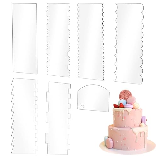 SenseYo 7 Pcs Acrylic Cake Scraper 9.5 Inch Large Icing Cream Frosting Smoother Comb Double Sided Patterned Edge Stripe for Cake Decorating Mousse Butter Baking Projects - size: 7
