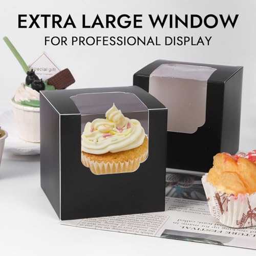 JCD 70 packs Black Cupcake Boxes Individual Cupcake Container 3.5" x 3.5" x 3.5" Auto-Pop up Single cake Box (70 Boxes+70 Inserts) (Black/70Pcs) - color: Black/70Pcs