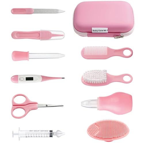 PandaEar Baby Healthcare and Grooming Kit, Baby Safety Set Baby Comb, Brush, Finger Toothbrush, Nail Clippers, Scissors, Nasal Aspirator, Infant Essentials Nursery Care Kit (13-in-1 Pink) - size: 13-in-1 Pink