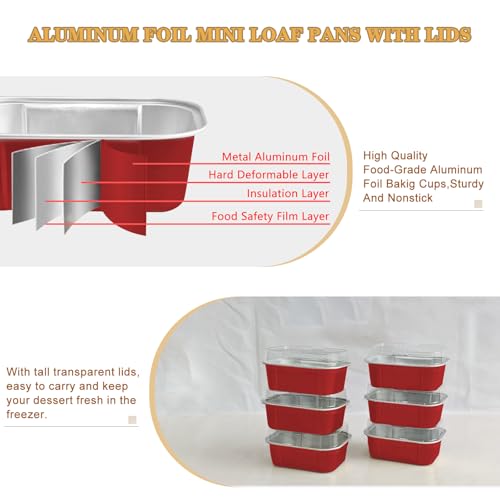 Mini Cake Pans With Lids And Spoons,5.5 oz Rectangle Mini individual Loaf Pans Disposable Aluminum Foil Small Baking Cups Tins (100, Red) - color: Red