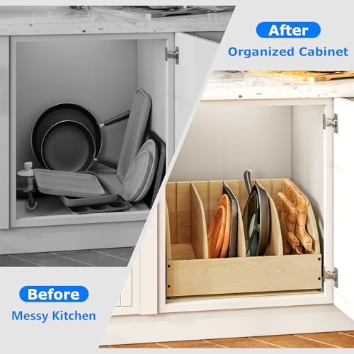 WelFurGeer Birchwood Pot and Pan Organizer with Soft-Close Drawer, Pull Out Cabinet Organizer, Heavy-Duty Slide-Out Storage for Baking Sheets, Cutting Boards, and Kitchen Utensils - size: 20"W X 21"D