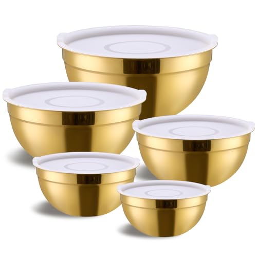 Gold Mixing Bowls with Airtight Lids, Stainless Steel Nesting Mixing Bowls Set of 5, Ideal for Baking, Prepping and Serving Food, Size 5.5, 3.6, 2.7, 2.1, 1.5, QT, Stackable Design - color: Gold, size: 5 Pieces