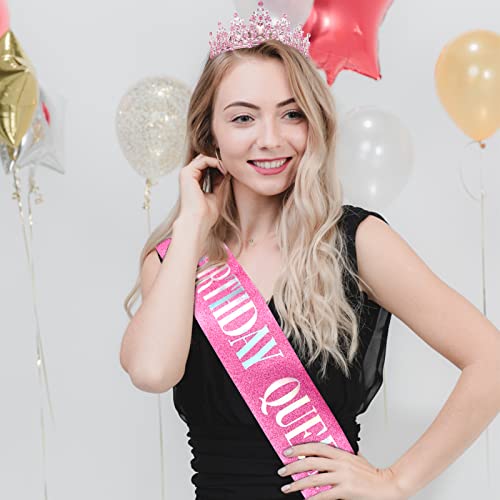 "BIRTHDAY QUEEN" Sash and Tiara for Women Crystal Tiara and Satin Kit for Girl Rhinestones Crown with Comb Glitter Hair Accessories for Prom Party Decoration Cake Topper Accessory Set with Pin - color: Pink Tiara+pink Sash
