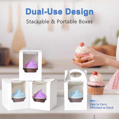 Cupcake Boxes 12 pcs, Individual Cupcake Containers White with Window Insert and Handle, Pastry Box Single Muffins Holder Disposable for Bakery Wrapping Party Favor Packaging - color: White, size: 12