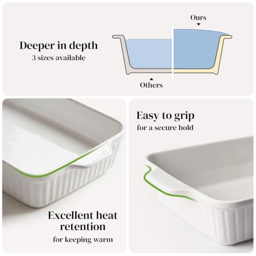 DOWAN 9x13'' Baking Dish with Handles Rack, Deep Ceramic Casserole Pan & Stainless Steel Roasting Rack for Oven, Chicken & Meat Resting, Ceramic Lasagna Pan, Dishwasher & Microwave Oven Safe-White - color: White