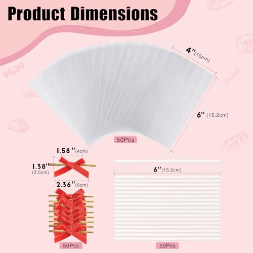 JCXGRVC 50pcs 4" x6"Clear Rice Krispie Treat Bags with Sticks and Ties Bows - color: Red