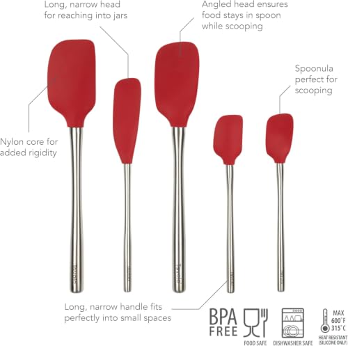 Tovolo Stainless Steel Handled Silicone Spatula Set of 5 Cayenne Red, Dishwasher Safe Kitchen Spatula Set for Cooking Baking, Non Toxic BPA Free Silicone Spatula set with Metal Steel Handle - color: Cayenne, style: Stainless Steel Handle