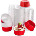 DEAYOU 100 Pack Aluminum Foil Cupcake Liners with Lids, 5oz Round Ramekin Baking Cups, Disposable Tart Pie Tin Pan Holder, Mini Cake Containers for Pudding, Party, Wedding, Oven Freezer Safe, Red