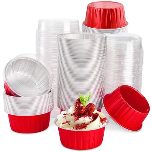 DEAYOU 100 Pack Aluminum Foil Cupcake Liners with Lids, 5oz Round Ramekin Baking Cups, Disposable Tart Pie Tin Pan Holder, Mini Cake Containers for Pudding, Party, Wedding, Oven Freezer Safe, Red