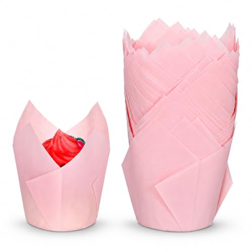 Pink Tulip Cupcake Liners 50PCS, Muffin Greaseproof paper Baking Cupcake Cups, Natural Tulip Baking Cup Case for Birthday Wedding Party Baby Showers Catering Restaurants