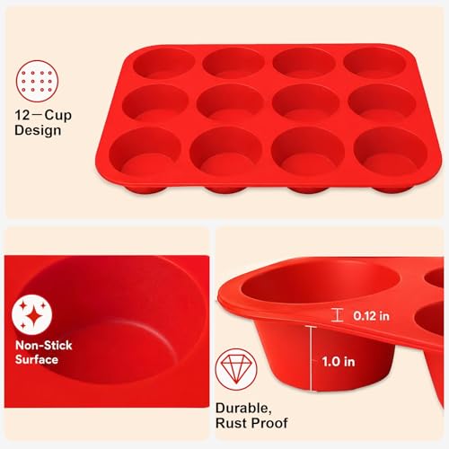12 Cup Regular Size, Muffin Pans for Baking Nonstick 2 Pcs, Food-Grade Silicone Baking Molds for Baking & Cupcake Pan(red)