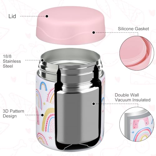 wiwens 12oz Soup Thermo for Hot Food Kids Insulated Food Jar Wide Mouth Lunch Container Leak Proof Stainless Steel Vacuum Bento Box for School Office Travel Outdoors White-Rainbow - color: White-Rainbow