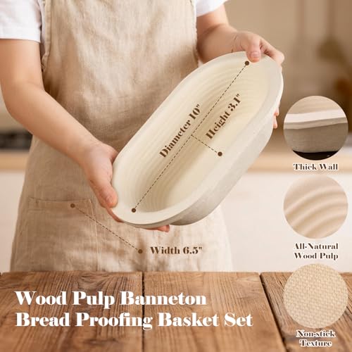 Non-Stick 10" Oval Wood Pulp Banneton Bread Proofing Basket Set Of 2, Sourdough Banneton Basket Set, Bread Making Tool Brotform Sourdough Bread Baking Supplies