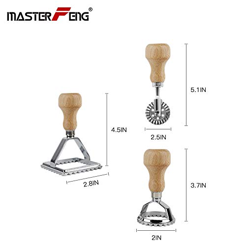 Ravioli Stamp Maker Cutter with Roller Wheel Set, Mold with Wooden Handle and Fluted Edge, Pasta Press Kitchen Attachment (MF-146) - size: 3 piece