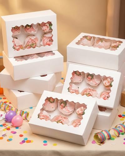 qiqee White 6 Cupcake Boxes with Window Auto-pop up 30 Packs Cupcake Box 9.4"x6.1"x3.3" Bakery Boxes For Cupcakes Carrier, Cupcake Containers - color: White, size: 6 Holder/30 Packs