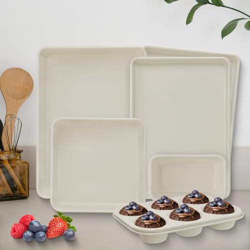 Baking Pans Set, Nonstick Bakeware Sets, Oven Pans for Cooking, AIVIKI 6 Pieces Baking Set Including Cookie Sheet, Deep Roaster Pan, Square Pan, Loaf Pan, Muffin Pan, Carbon Steel Baking Set - color: Cream White