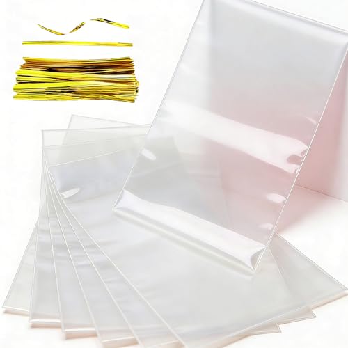 Clear Cellophane Treat Bags with Gold Twist Ties 100 Pcs 6×9 Inch Perfect for Candies, Cookies，Party Favor Packaging - color: Clear