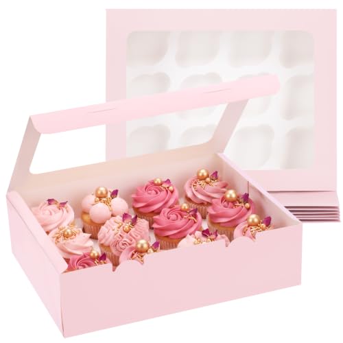 Moretoes 7PCS Pink Cupcake Boxes with Window(12 Count Cupcake Containers) - color: Pink, size: 12.8*10*3.5inch