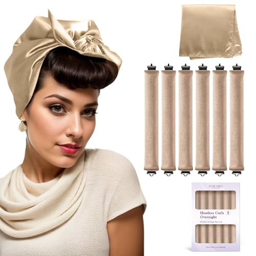 Overnight Hair Curlers Heatless Curls - 6 Pcs No Heat Blowout Curling Rods to Sleep In with Satin Hair Scarf - color: Khaki