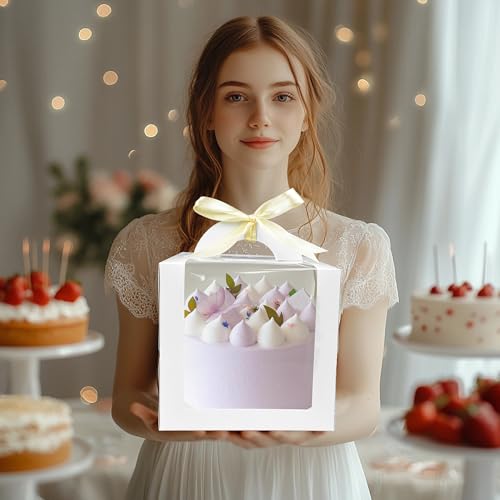 MUMULULU 15 PCS 6 x 6 x 6 Inches Cake Boxes with Carry Handles and Cake Boards White Bakery Boxes with Silk Ribbon and Stickers for Cakes Pastries Birthday Party Wedding - color: White 6×6×6
