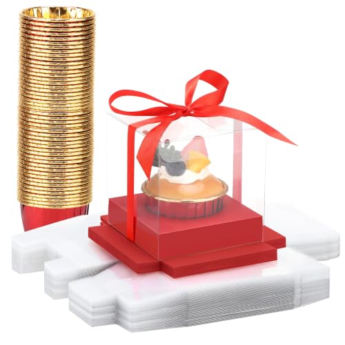 EUSOAR Cupcakes Boxes with Cupcake Cups, 50pcs 3.5 Inch Clear Cupcakes Holder and 50pcs 3.5oz Cupcakes Wrappers, Single Disposable Dessert Pastry Cupcakes Wrappers for Wedding Party Favor Bakery - color: Red