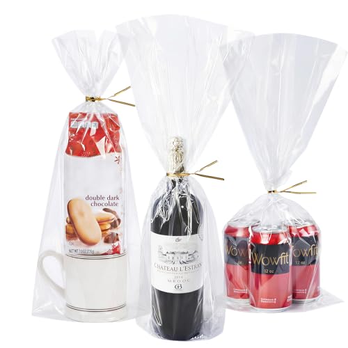 Wowfit 9x20 Large Tall Clear Cellophane Gift Bags, 50 CT, 6" Gold Ties - size: 9x20 Inch (Pack of 50)