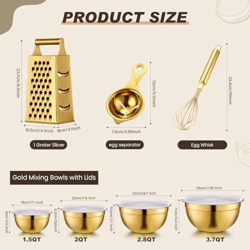 LemonRoad 8 Pcs Gold Kitchen Accessories Stainless Steel Gold Mixing Bowls