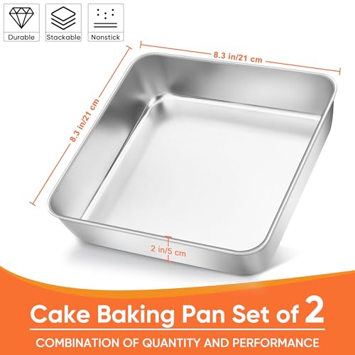 Herogo 8"x 8" Square Cake Pan, Stainless Steel Baking Pan Set of 2 - color: Silver, size: 8" x 8" x 2"