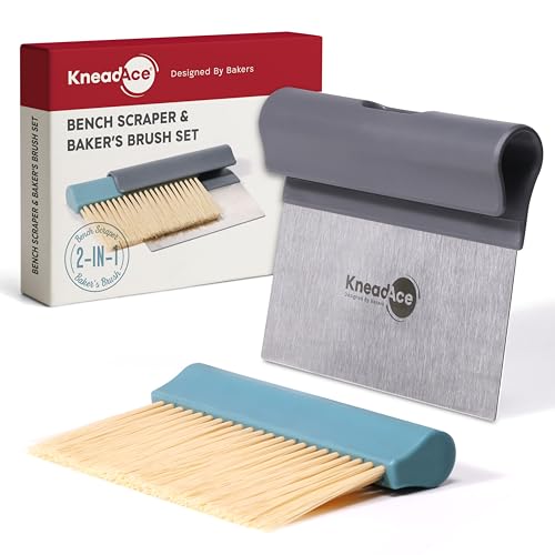 KneadAce Dough Scraper & Baker’s Brush.Stainless Steel Bench Scraper & Flour Cleaning Brush. Kitchen Tool for Pastry, Sourdough and Baking Prep Bread Dough Cutter, Gift For Bakers (Gray/Turquoise) - color: Gray, Turquoise