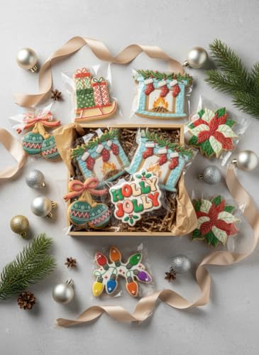6Pcs Christmas Cookie Cutter Set - 2-3 Inch Large Size Christmas Gift Box with Sled, Holly Jolly, Fireplace, Bell, Lights & Wreath Shapes, Food Safe PLA, Kid Friendly for Winter Holiday