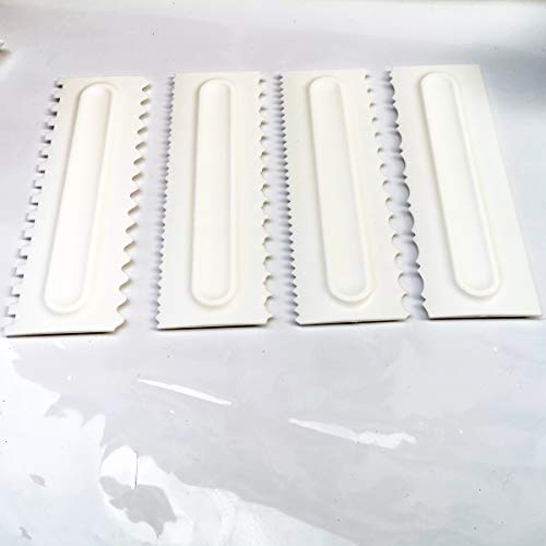 Decorating Comb and Icing Smoother Set of 4 Pack Decorating Mousse Butter Cream Cake Edge Tools, Plastic Sawtooth Cake Scraper Polisher 8 Design Textures-White - color: 4 White